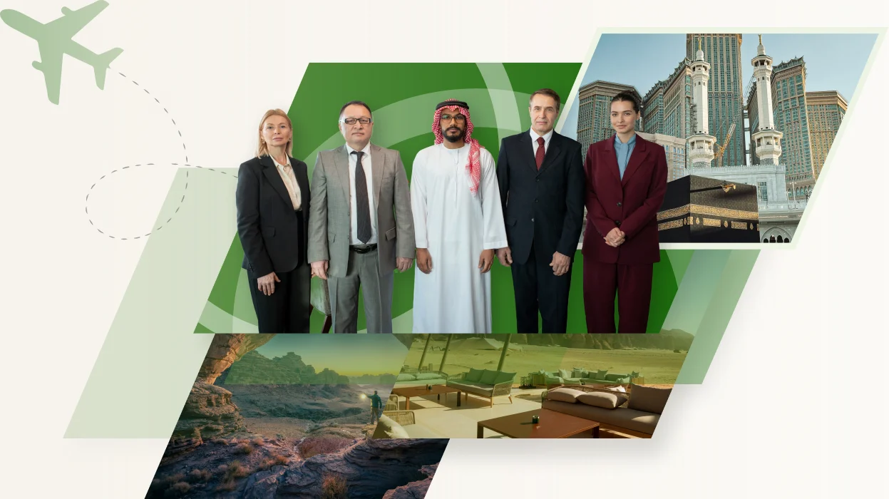 The Saudi E-Visa Online team with views of Makkah and Saudi landscapes