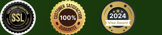 SSL secured, 100% satisfaction and 2024 visa award badges